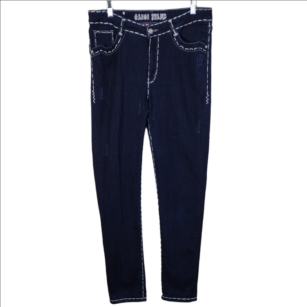Gazoz Jeans Blue Dark Wash Embroidered Seam High Rise Straight Leg Denim Jean